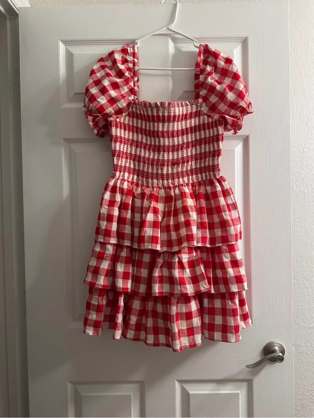 English Factory Red and White Gingham Tiered Puff Sleeve Dress